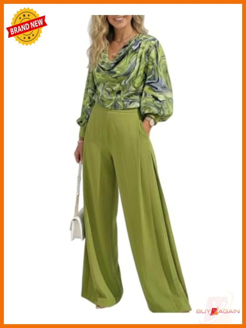 Abstract Print Cowl Neck Lantern Sleeve Crop Top and Wide Leg Pants Set